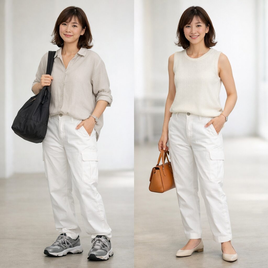 左は重たいスニーカーと大きめバッグを合わせてやや野暮ったく見えるコーデ
右はベージュ系のきれいめ靴と小さめレザーバッグで爽やかに整えたコーデ。