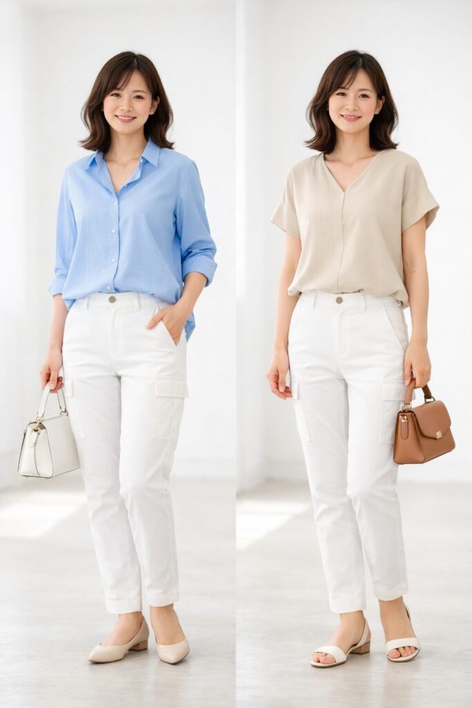 白のやや細身カーゴパンツに、淡いブルーのシャツまたはベージュ系の軽やかなトップス、明るい色のきれいめ靴、小さめバッグを合わせた爽やかな着こなし。
