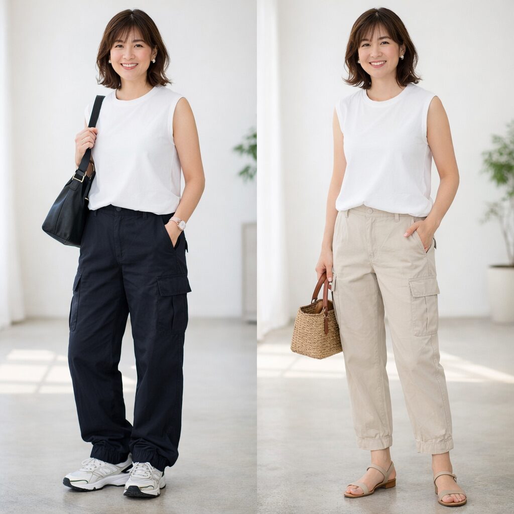 左は厚手で濃色、裾がたまる重たいカーゴパンツ。
右は薄手の明るいベージュ系カーゴパンツで、裾がすっきりした軽やかな印象。
