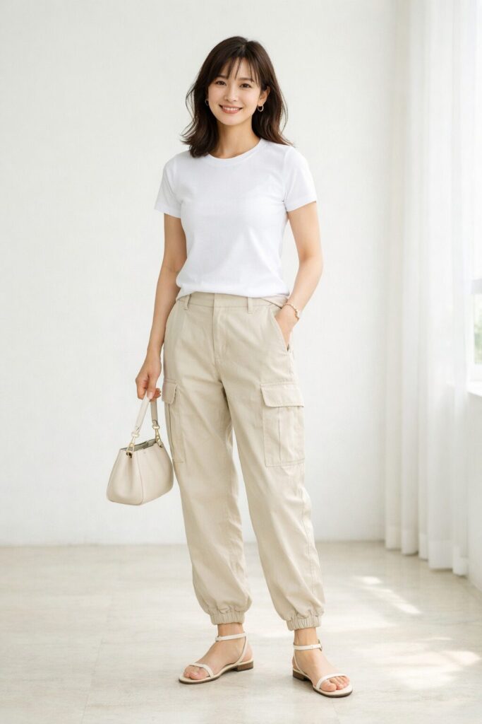 ライトベージュの薄手カーゴパンツに、白のコンパクトな半袖トップス、華奢なサンダル、小さめバッグを合わせた清潔感のある着こなし。