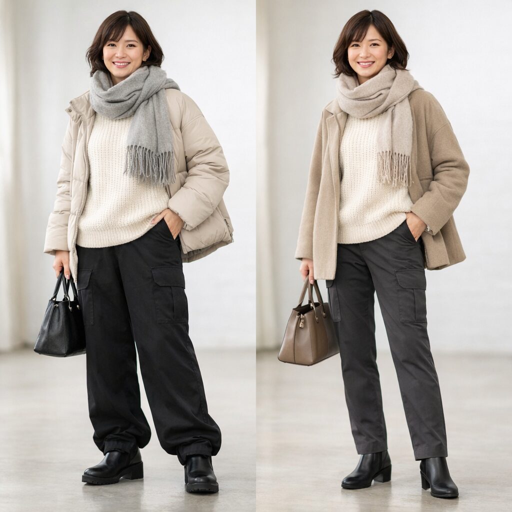 左はワイドすぎて裾がたまり重たく見える黒カーゴパンツ
右はやや細身のストレート寄りで裾がすっきりしたチャコールのカーゴパンツ