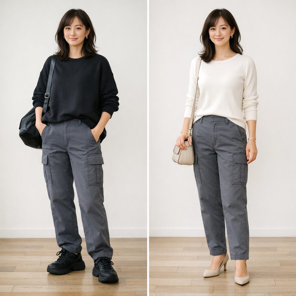 左は暗いトップスと重たいスニーカーを合わせて全体が沈んで見えるコーデ
右は白系トップスときれいめ靴で軽さを出したコーデ