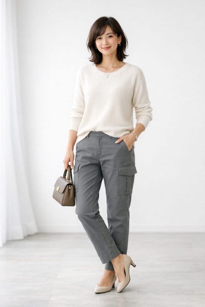 中間グレーのすっきりしたカーゴパンツ、オフホワイトのニット、ベージュ系のきれいめ靴、小さめレザーバッグ、控えめなアクセサリーを合わせた上品で自然な着こなし。