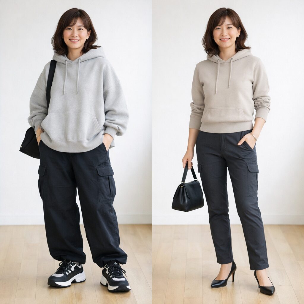 左はオーバーサイズのパーカーに太めカーゴパンツと重たいスニーカーを合わせた子どもっぽく見えやすいコーデ
右はコンパクトなパーカーに細身寄りのカーゴパンツときれいめな靴を合わせた大人っぽいコーデ