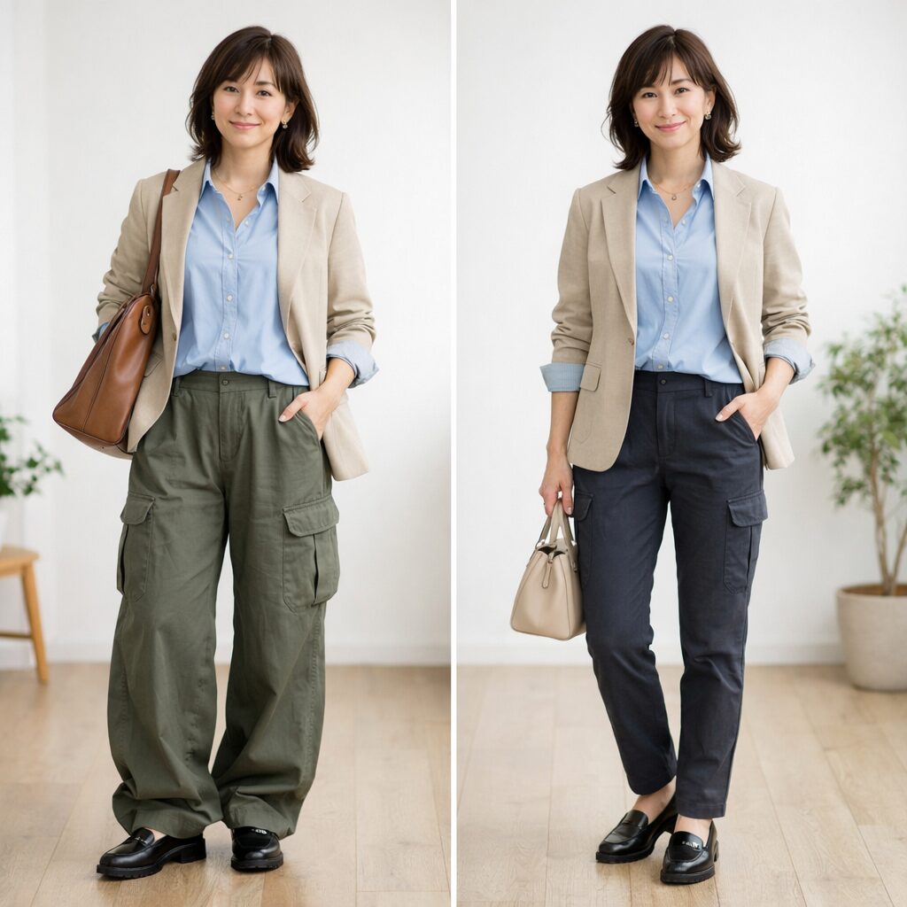 左はワイドすぎて裾がたまりやすいカーゴパンツにローファーを合わせた重たい印象
右は細身寄りで落ち感のあるカーゴパンツにローファーを合わせたすっきり上品な印象