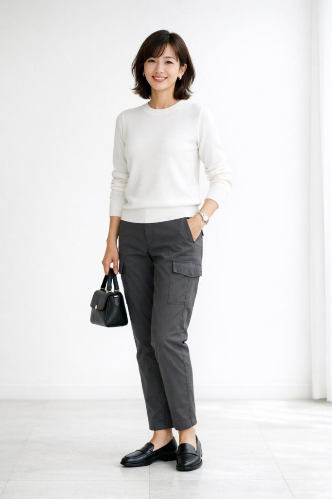 チャコールの細身寄りカーゴパンツ、白のハイゲージニット、黒のシンプルなローファー、小さめのレザーバッグを合わせた上品で自然な着こなし。