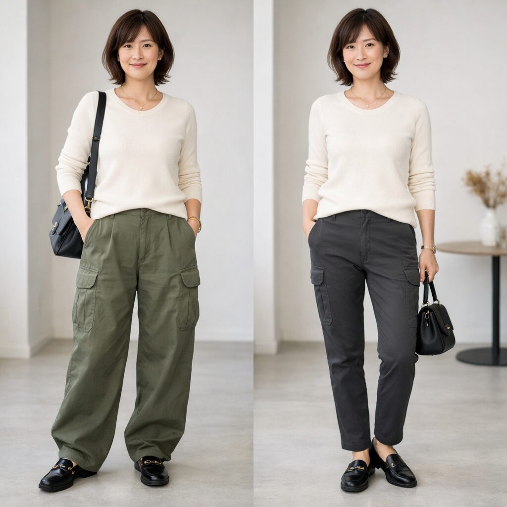 左はワイドすぎてポケットが大きく、裾がたまりやすいカーゴパンツをはいた重ためのコーデ
右は細身寄りで落ち感のあるカーゴパンツをはき、すっきり見える今っぽいコーデ