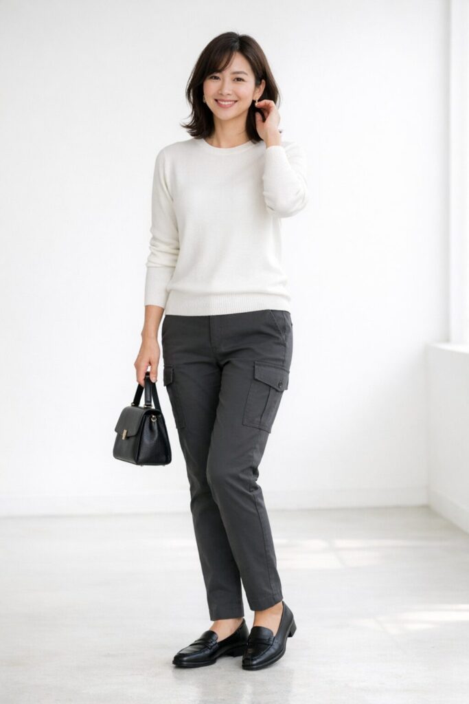 チャコールの細身寄りカーゴパンツ、白のハイゲージニット、黒のローファー、小さめレザーバッグを合わせた上品で自然な着こなし。