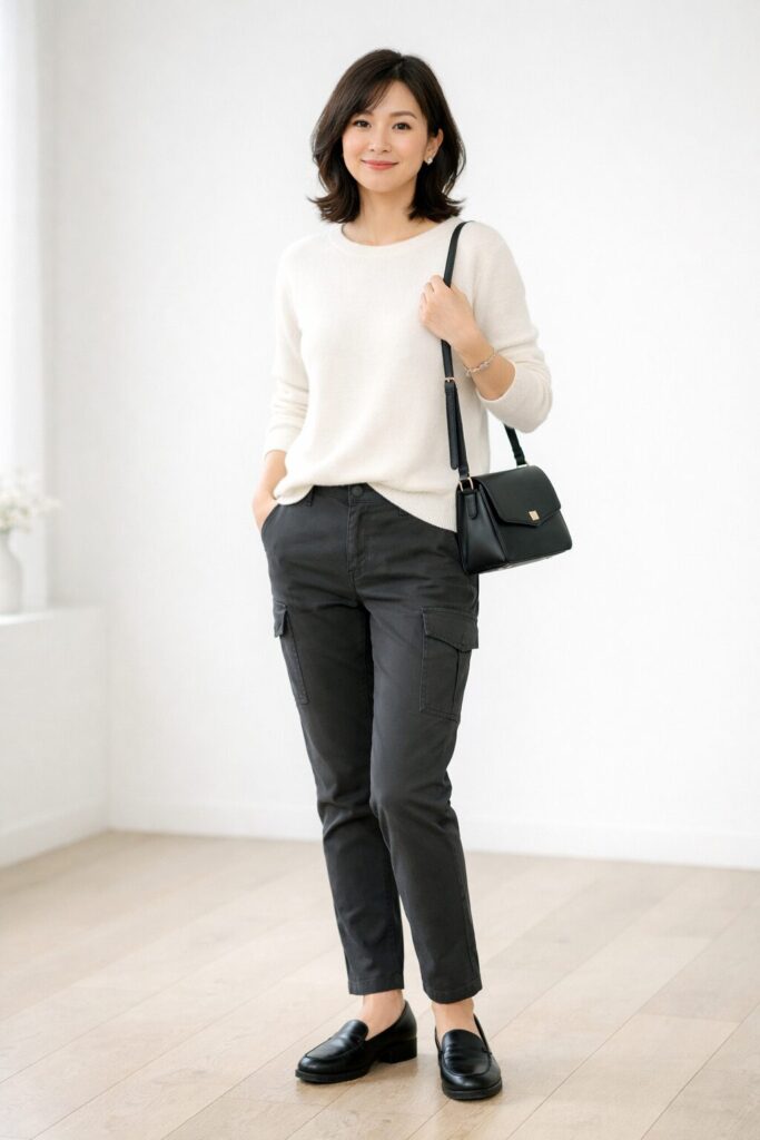 チャコールの細身寄りカーゴパンツに白の上品なニット、黒ローファー、小さめレザーバッグを合わせた自然で洗練された着こなし。