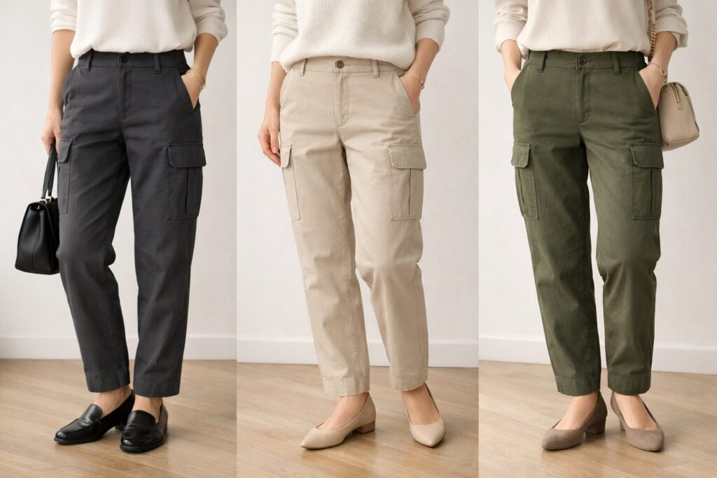 チャコール、やわらかいベージュ、落ち着いたカーキの3色のカーゴパンツが上品で取り入れやすい