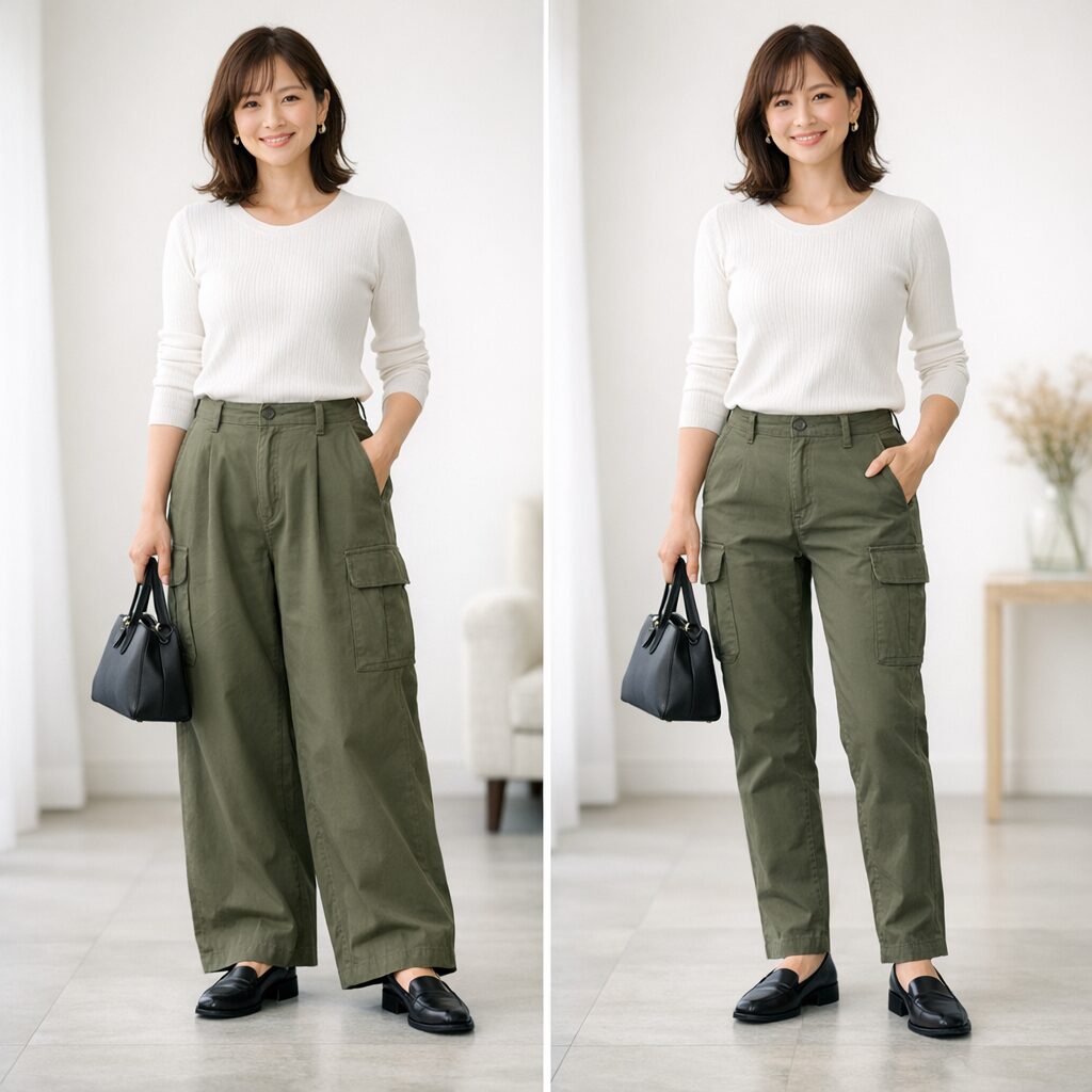 ワイドは面で隠しやすく、細めは縦ラインを出しやすいという違いが、見た目でも伝わる比較イメージです。