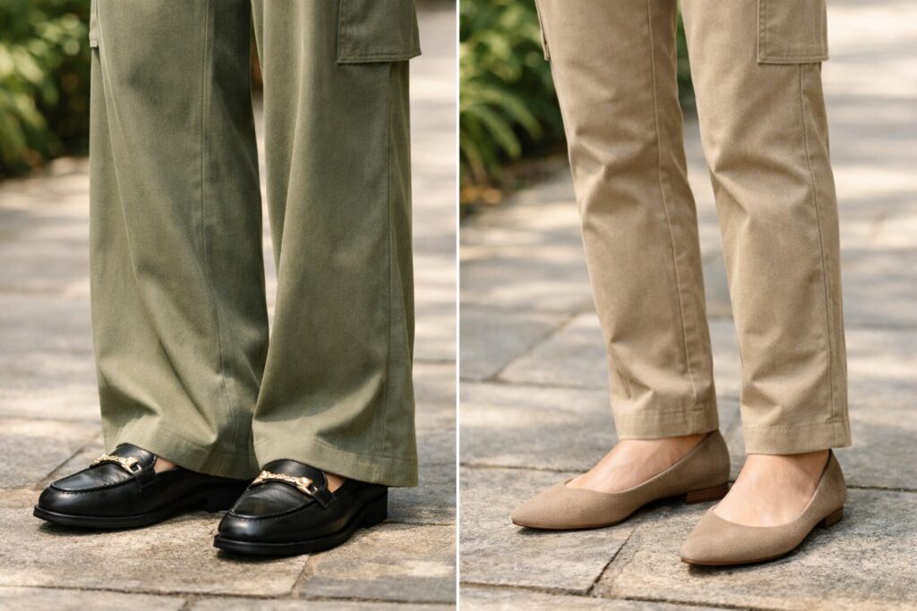 体型カバーでは正面の印象だけでなく、横から見た重さや裾のもたつきもチェックすると選びやすくなります。