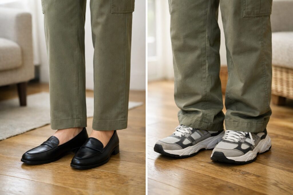 裾の落ち方と靴のきれいめ感が整うと、カーキのカーゴパンツはぐっと大人っぽく見えやすくなります。足元は印象を左右しやすい部分です。