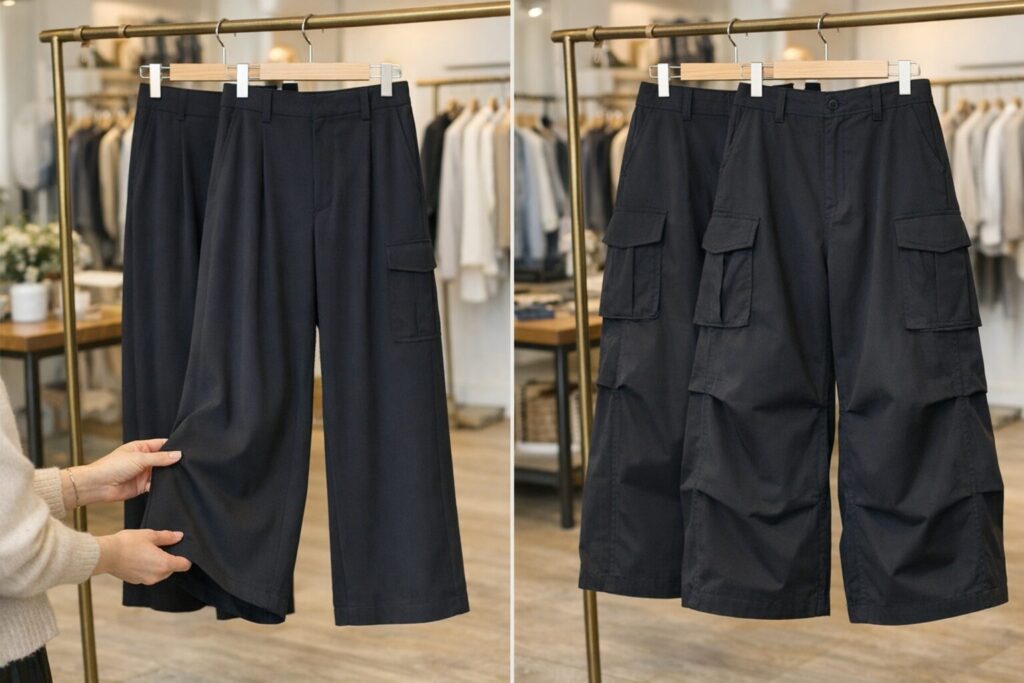 小柄さんは、ただ太いものよりも、縦に落ちるワイドを選ぶと全体のバランスが整いやすくなります。