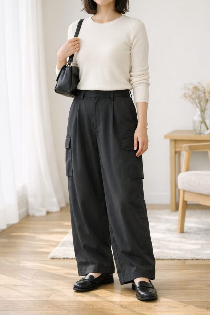 上半身を少しコンパクトにすると、ワイドカーゴパンツのゆるさがむしろおしゃれに見えやすくなります。