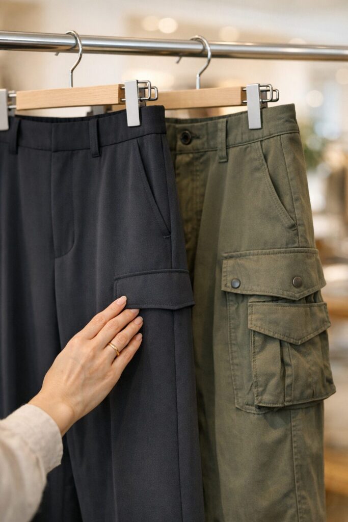 落ち感のある素材と控えめなポケットを選ぶと、カーゴパンツでも通勤コーデになじみやすくなります。見た目の印象差は、店頭で比較するとかなり分かりやすいです。