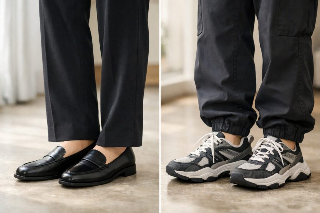 足元は小さな差に見えて、全体の印象をかなり左右します。裾の落ち方と靴の重さの相性を見ると、通勤向きかどうかを判断しやすくなります。
