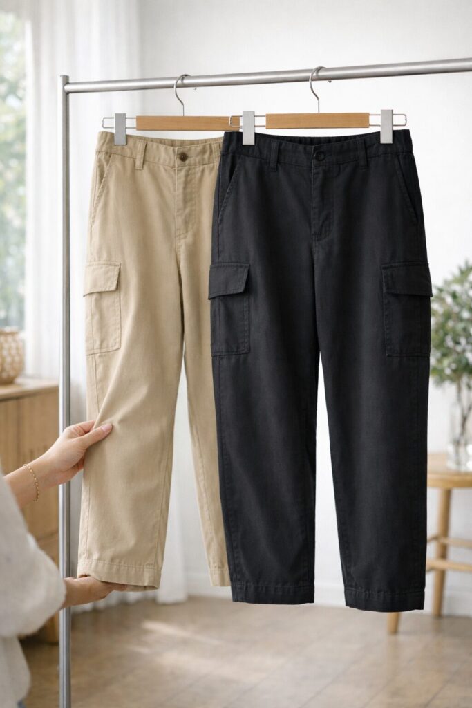 コットン素材は生地の主張が控えめなので、トップスや靴の雰囲気を変えるだけで印象を調整しやすいタイプです。