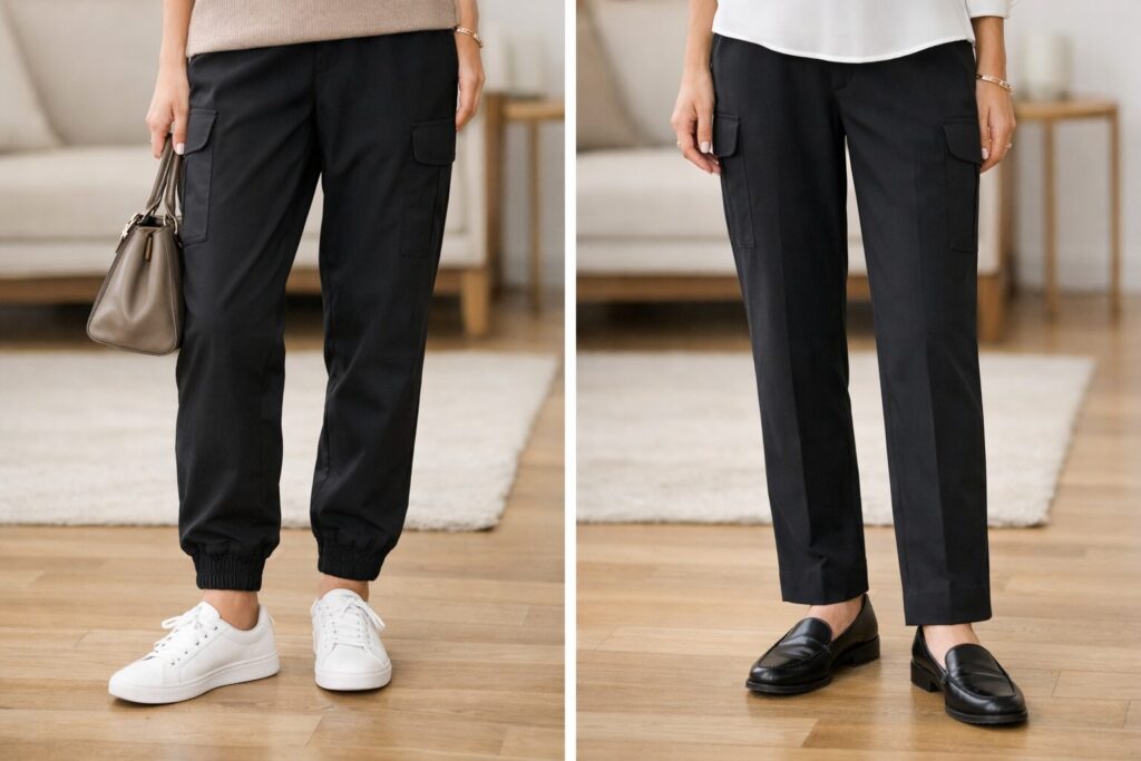 ジョガータイプは軽快でラフな印象、ストレートタイプは縦ラインが出やすく落ち着いた印象になりやすいです。