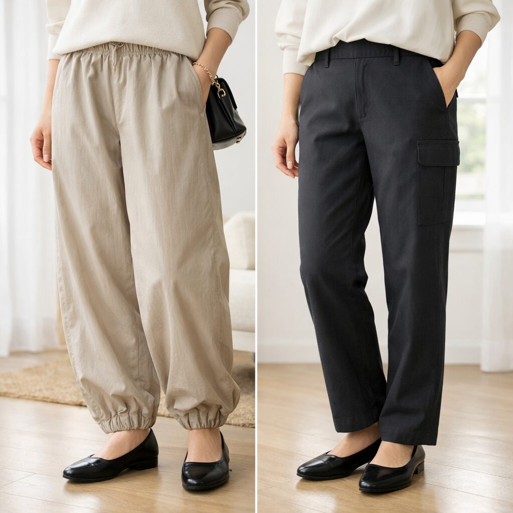 パラシュートパンツは軽さと丸み、カーゴパンツはポケットと縦ラインの見え方に注目すると、違いがつかみやすくなります。