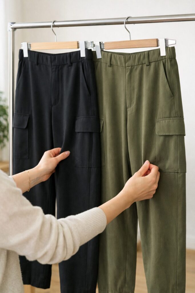 色だけでなく、裾の落ち方やポケットの控えめさを見ると、その一本がきれいめに寄せやすいか判断しやすくなります。