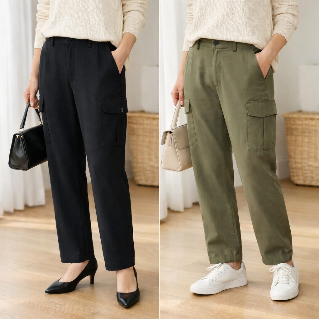 黒は引き締め感、カーキは抜け感が出やすく、同じカーゴパンツでも見え方が変わります。一本目として失敗しにくいかどうかを見るなら、この差は大きいです。