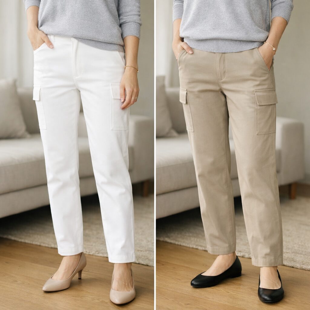 白のカーゴパンツは、色の軽さだけでなく、ポケットの控えめさや裾のすっきり感があると、ぐっと大人向きに見えます。