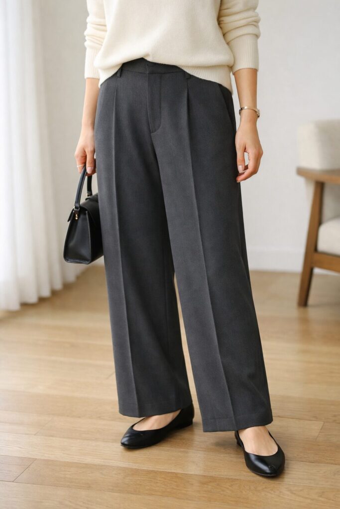 横幅ではなく、縦に落ちるラインが見えると、ワイドパンツはぐっと取り入れやすくなります。腰まわりの収まりと足元の軽さが、すっきり見えの分かれ目です。