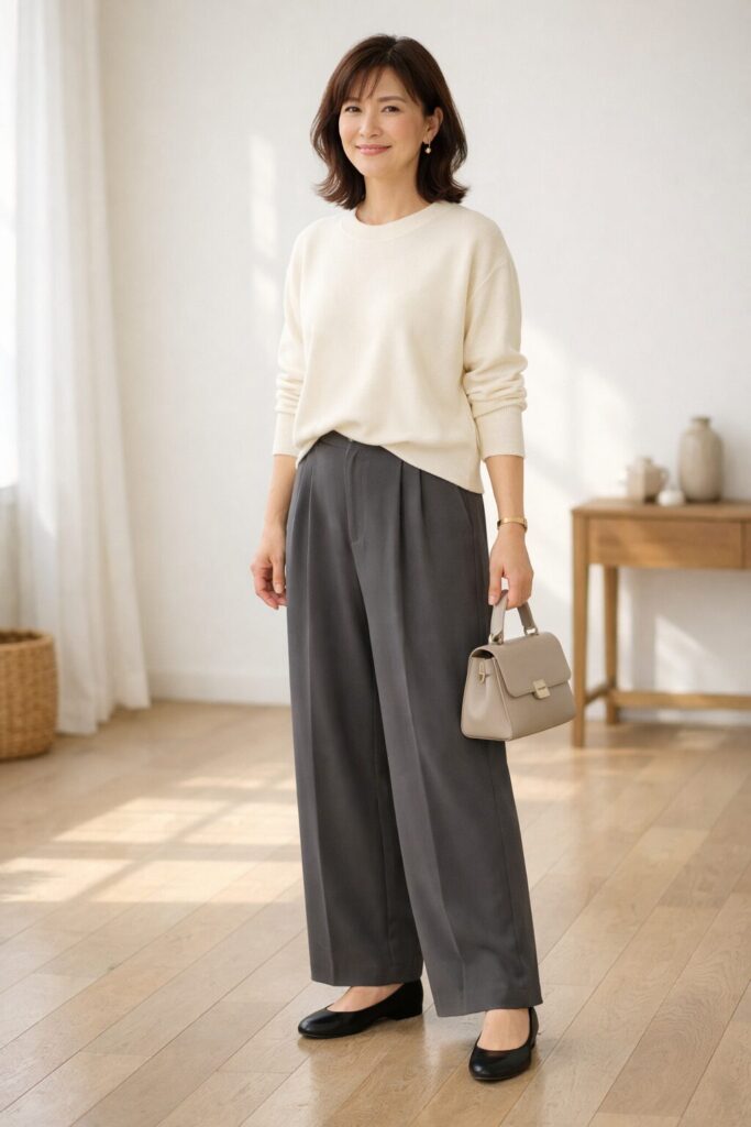 短め丈だけが正解ではなく、裾の収まり方がきれいなら大人っぽく見えます。丈よりも、上半身の重さを増やしすぎないことがポイントです。