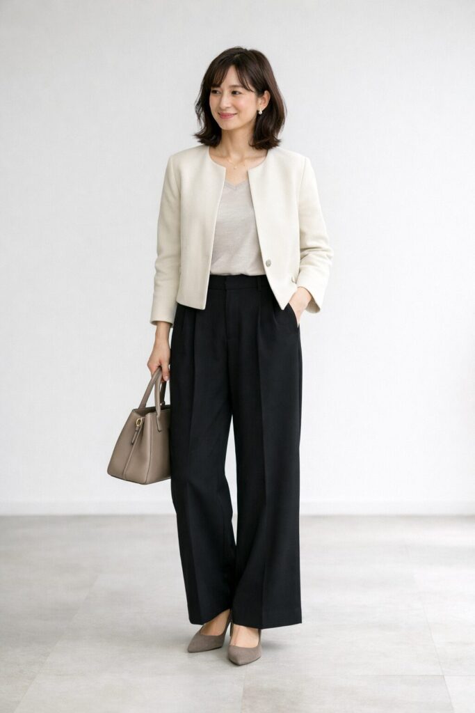 アウターの丈と広がり方を整えるだけで、ワイドパンツはぐっとすっきり見えます。短すぎるトップスで無理に上げるより、自然に縦ラインが出る組み合わせのほうが大人っぽくまとまりやすいです。