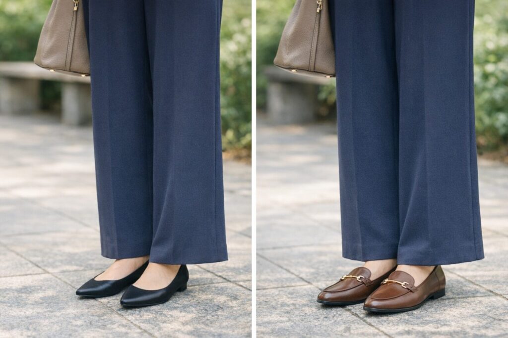 ワイドパンツは裾と靴のつながりがきれいだと、一気に洗練して見えます。靴だけを目立たせるより、全身の流れの中で自然に見えるかを意識すると選びやすいです。