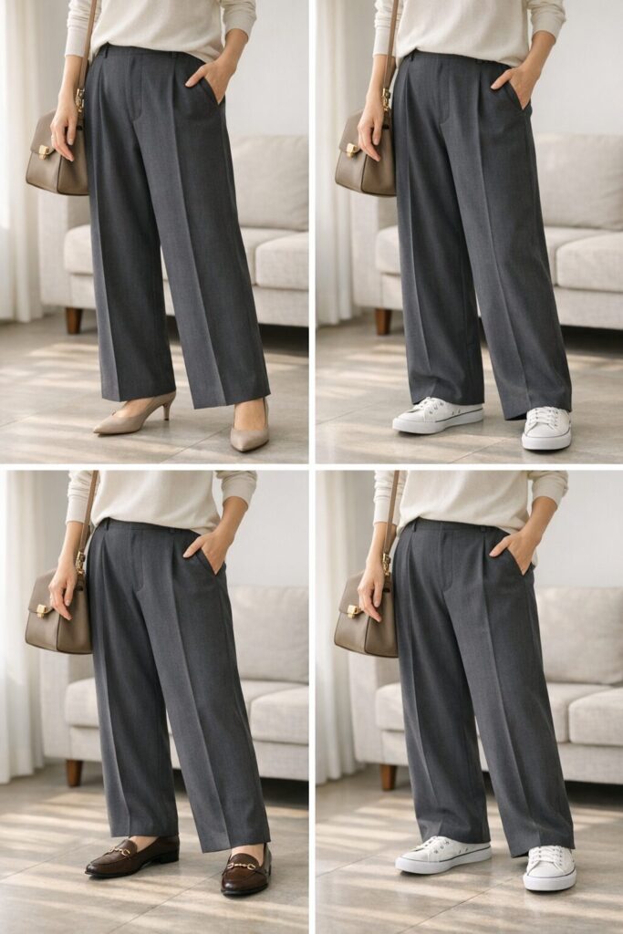 パンプスは軽さと女性らしさ、スニーカーは抜け感と親しみやすさ、ローファーは知的さときちんと感が見えやすい比較です。