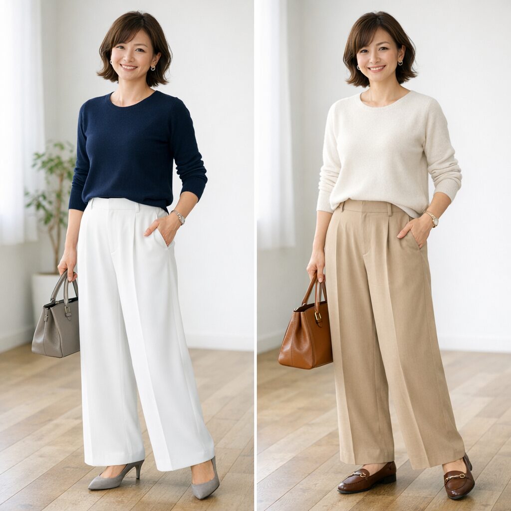 白は全身に軽さを出しやすく、ベージュはやわらかく落ち着いた雰囲気にまとまりやすい比較です。