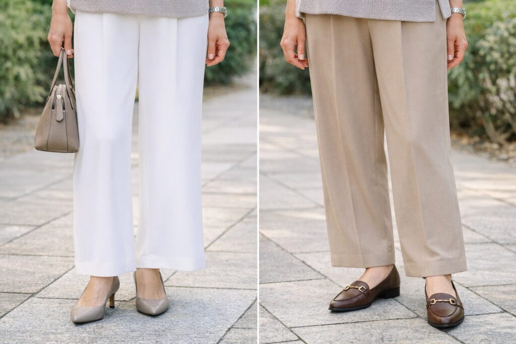 白は軽やかさを出しやすく、ベージュはなじみよく落ち着かせやすいことが足元の印象でも伝わる比較です。