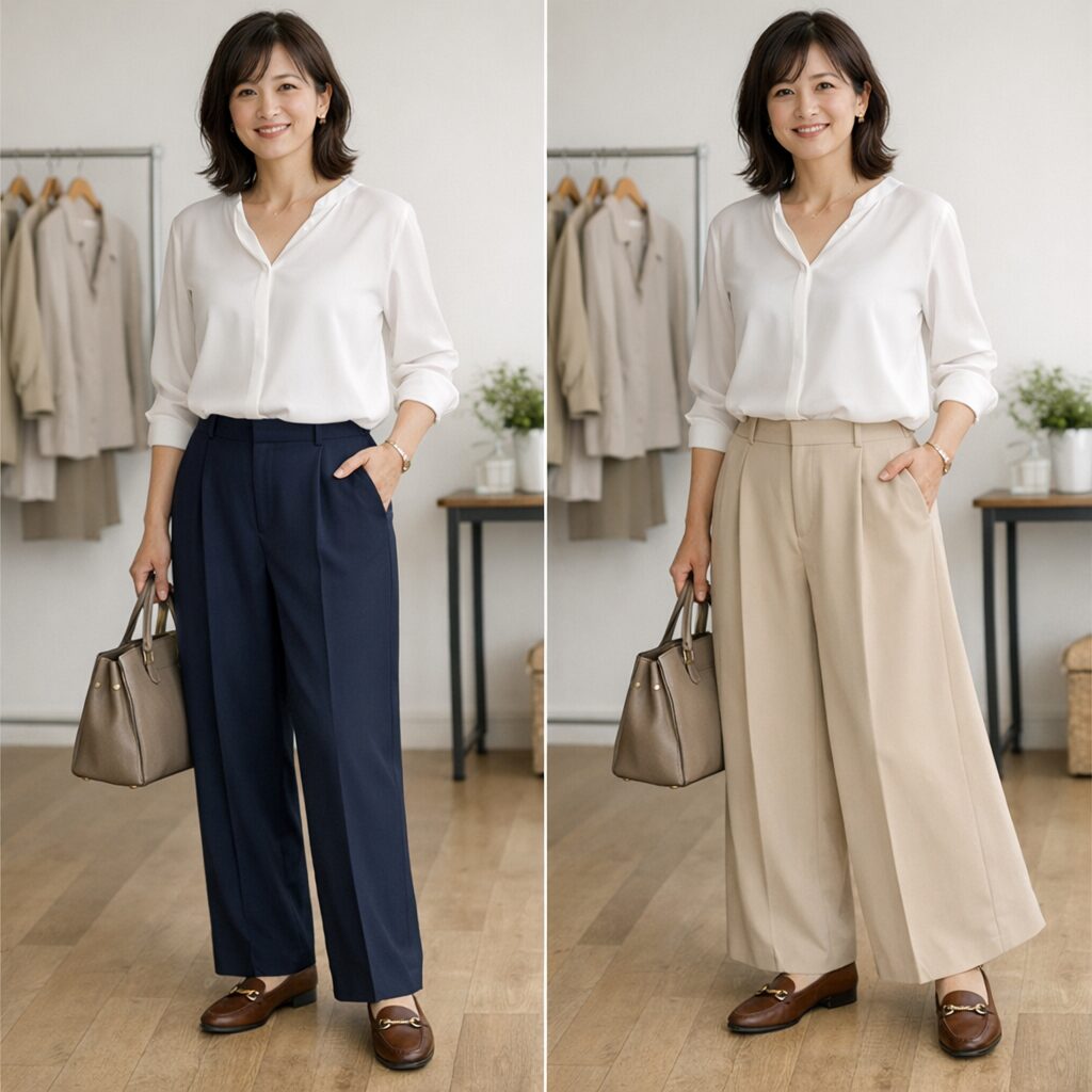 素材の落ち感や広がり方を見比べると、きれいめに履きやすい一本が選びやすくなります。見た目の印象だけでなく、動いたときの収まりも大切です。