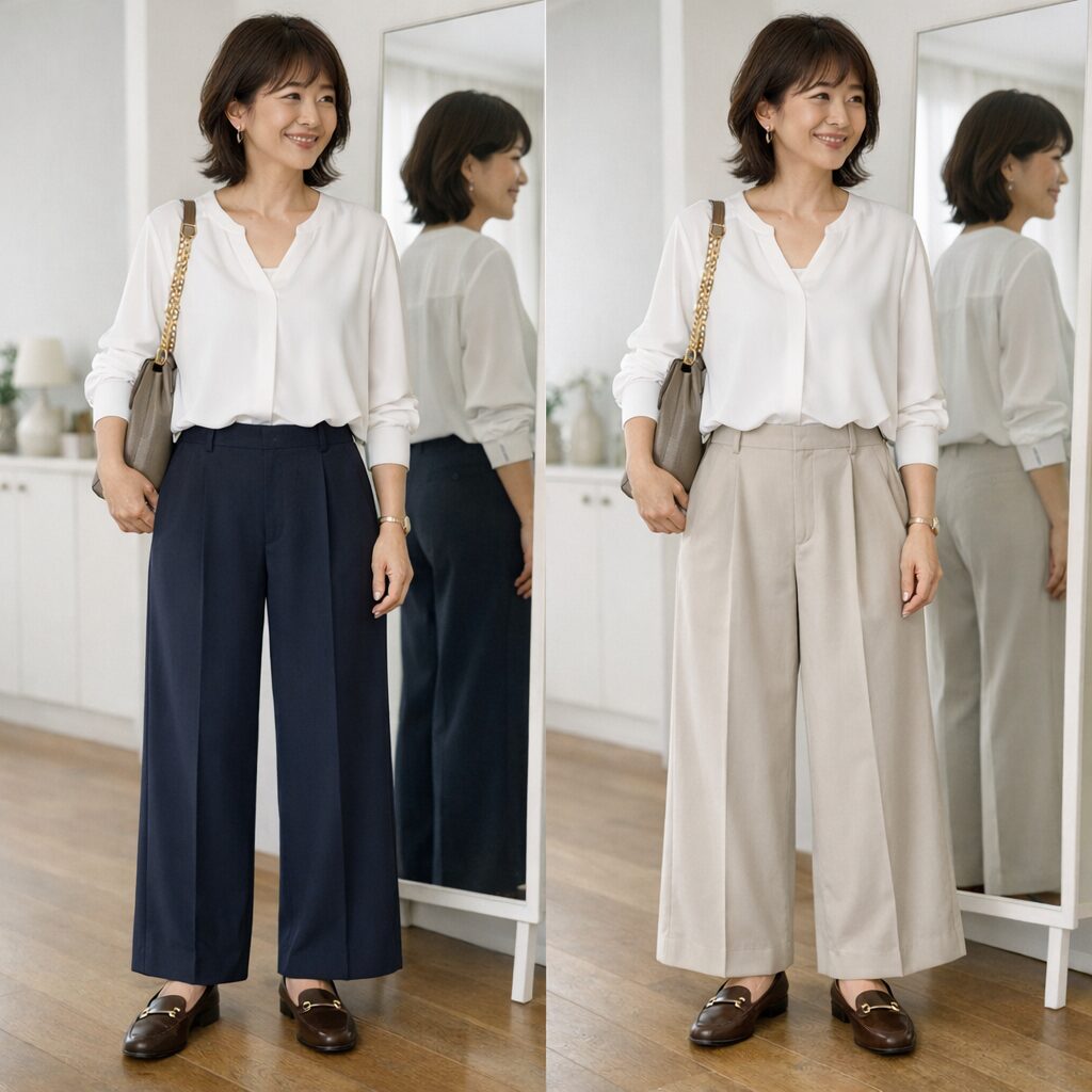 落ち感があるタイプのほうが、腰まわりがすっきり見えやすく、50代のきれいめコーデにもなじみやすいです。