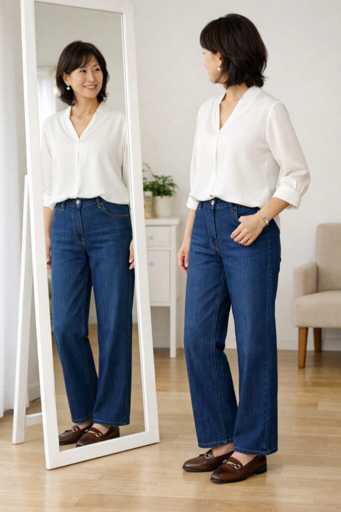 濃色デニムは体型カバーに役立ちますが、上半身と足元に軽さを入れると、より大人っぽくきれいに見えやすくなります。