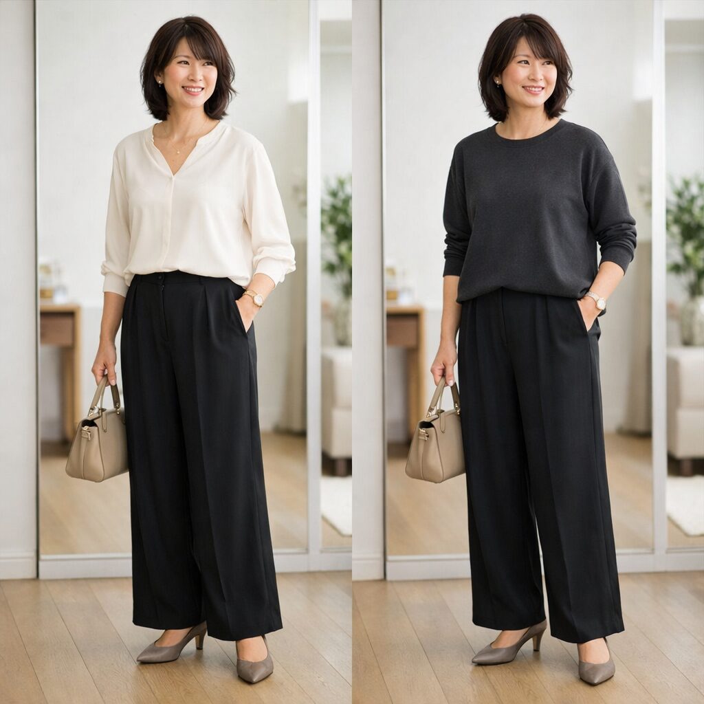 明るく落ち感のあるトップスを合わせたほうが、黒ワイドパンツの重さがやわらぎ、きれいめな印象にまとまりやすい比較です。