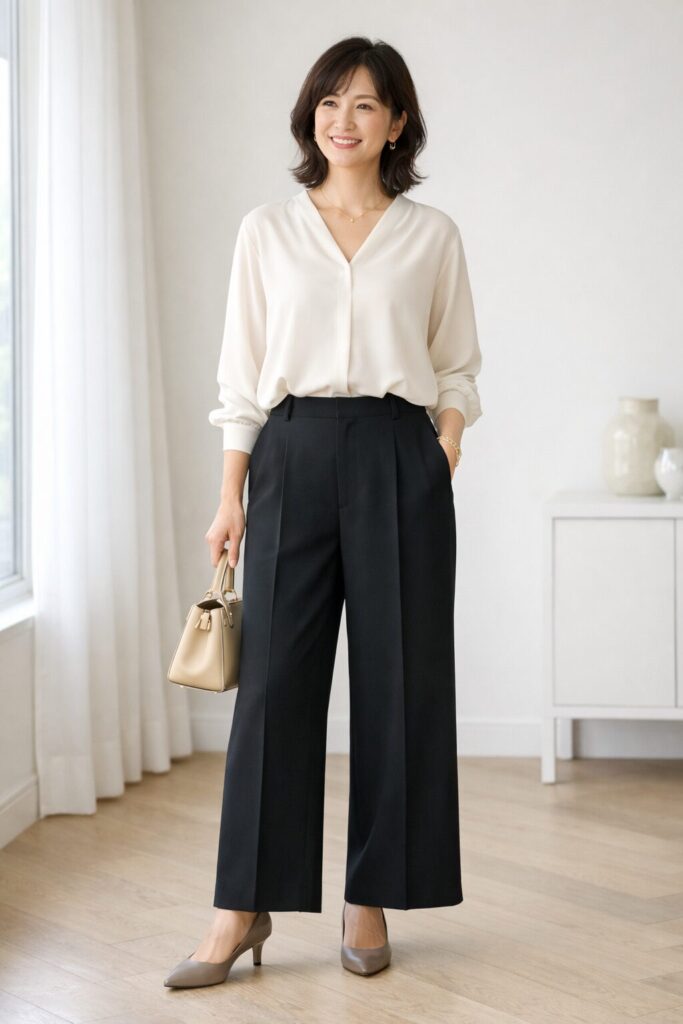 黒ワイドパンツは、トップスに明るさと落ち感を入れるだけでも、印象がかなり整いやすくなります。