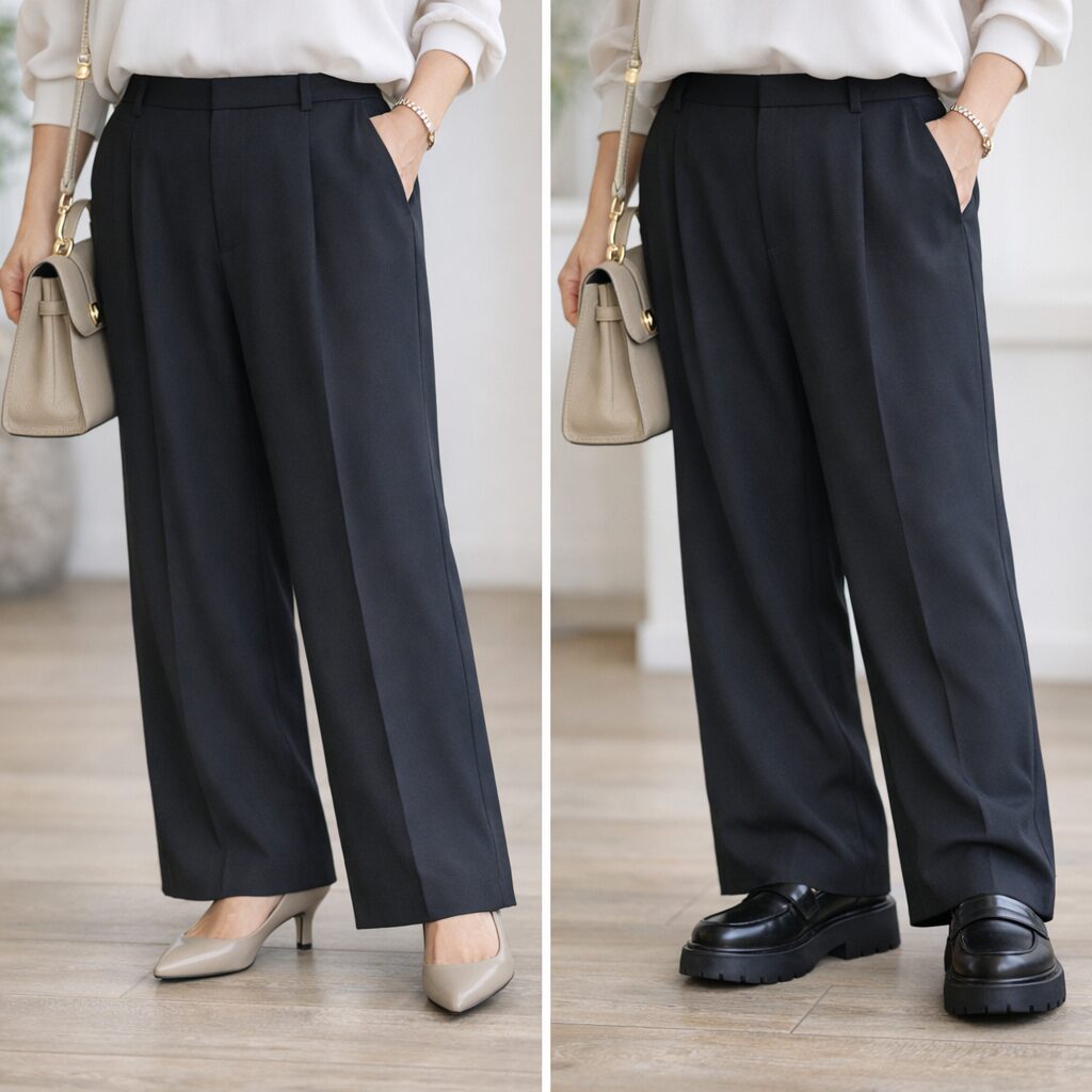 黒ワイドパンツは、靴を少し軽く整えるだけでも見え方が変わります。きれいめ感を保ちながら、重たさを抑えたいときに役立つポイントです。