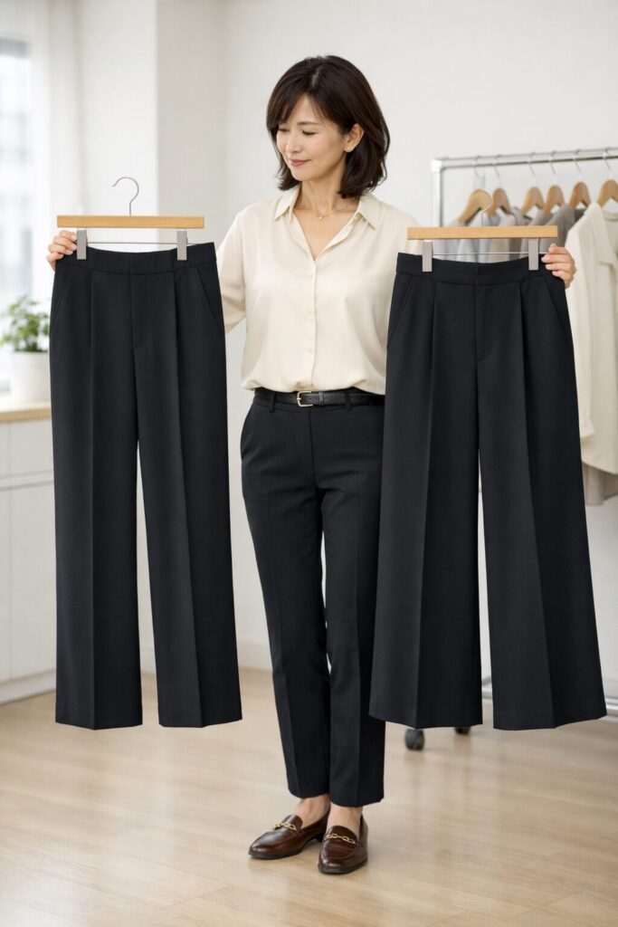 通勤で使いやすい黒ワイドパンツは、色よりも落ち感と腰まわりのすっきり感で差が出ます。広がりすぎない一本を選ぶと、きれいめに寄せやすくなります。