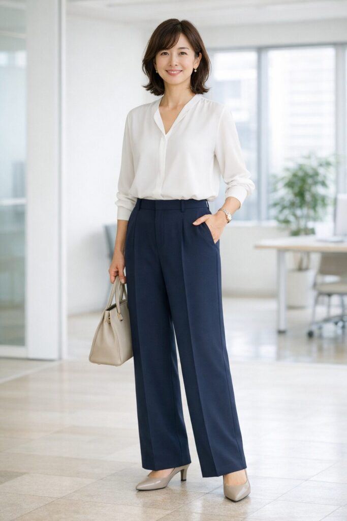 丈が長すぎず短すぎないことと、縦に落ちるシルエットがそろうと、ワイドパンツでも通勤向けのきれいめ感が出しやすくなります。
