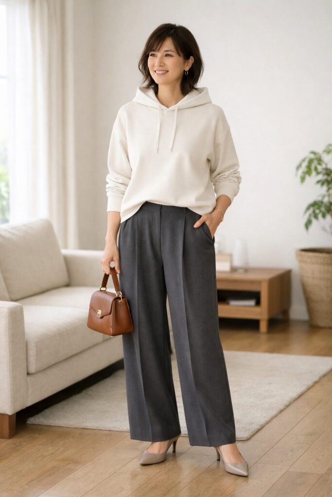 パーカー合わせでも、足元と小物に少しきれいめ要素を入れると、大人女性らしい落ち着きが出しやすくなります。