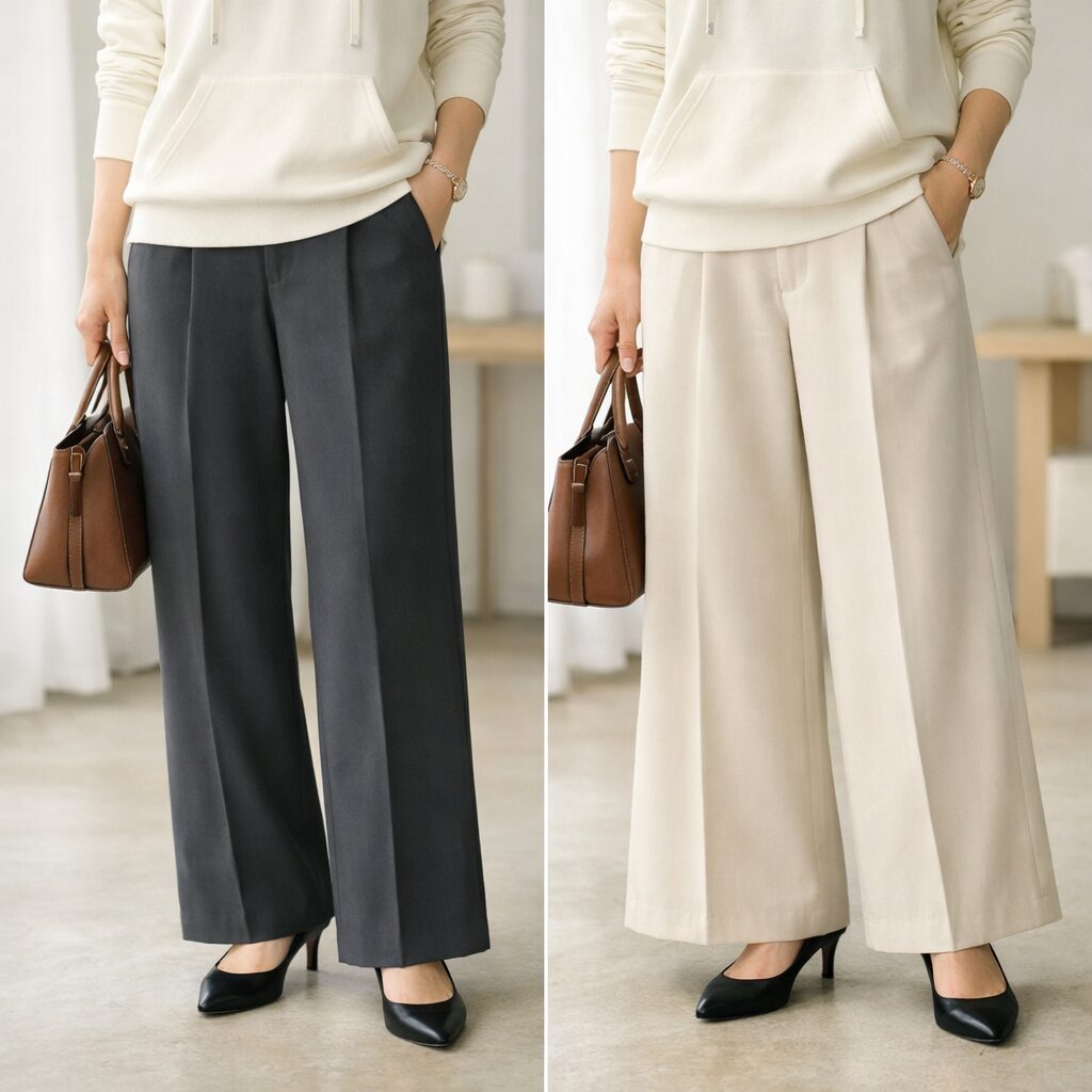 落ち感があるパンツは、パーカーを合わせても下半身が広がって見えにくく、全体をすっきり見せやすいです。