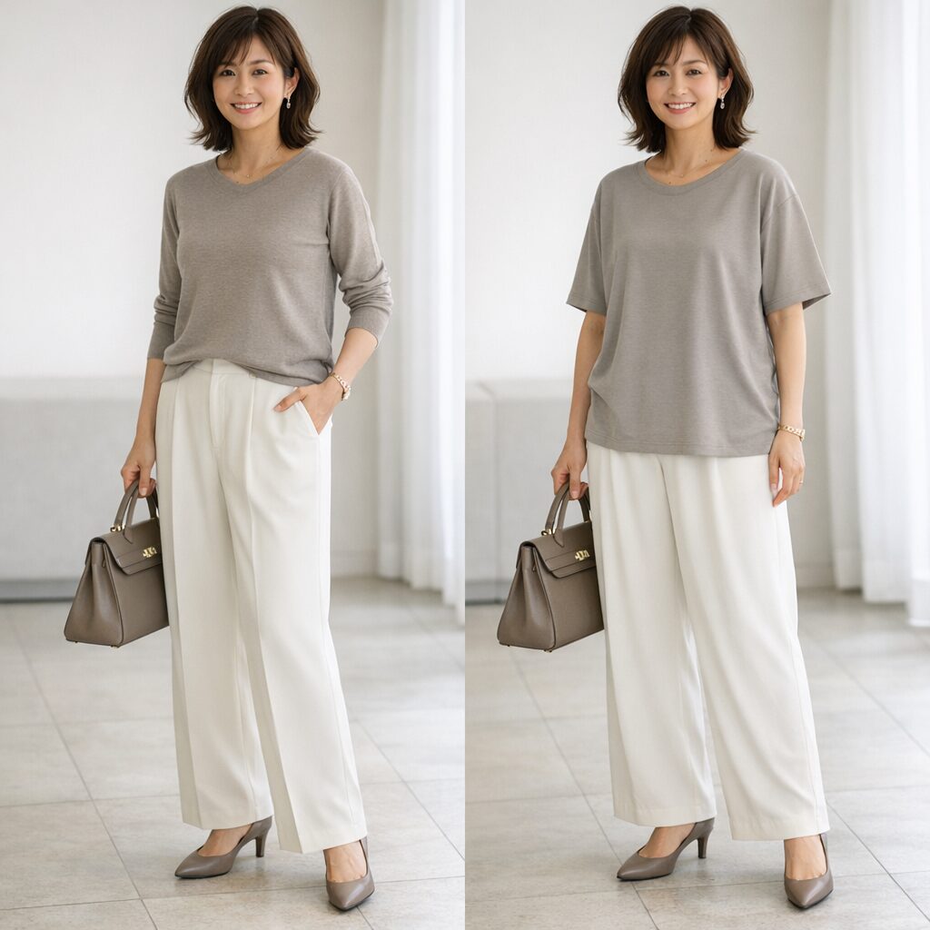 前だけ軽くインしただけでも、白ワイドパンツの重心が上がって見えやすく、きれいめ感が整いやすくなります。