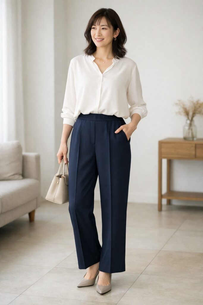 落ち感のある素材と広がりすぎない幅感は、ウエストゴムのラフさをやわらげてくれる組み合わせです。まずはこの見え方があるかを基準にすると、選ぶ方向が定まりやすくなります。