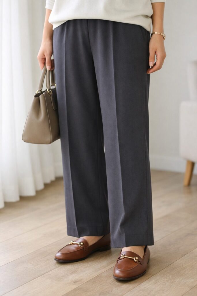 裾のたまりすぎを防ぎ、足元まできれいにつなげると、ウエストゴムのラフさが目立ちにくくなります。丈感と靴の相性は、見た目の印象を整えるうえで意外と大きなポイントです。