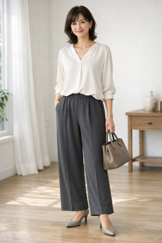 前がすっきり見えるウエストデザインと、落ち感のある素材感を見せる一枚です。楽なパンツでもきれいめに寄せやすいバランスが、ひと目で伝わります。