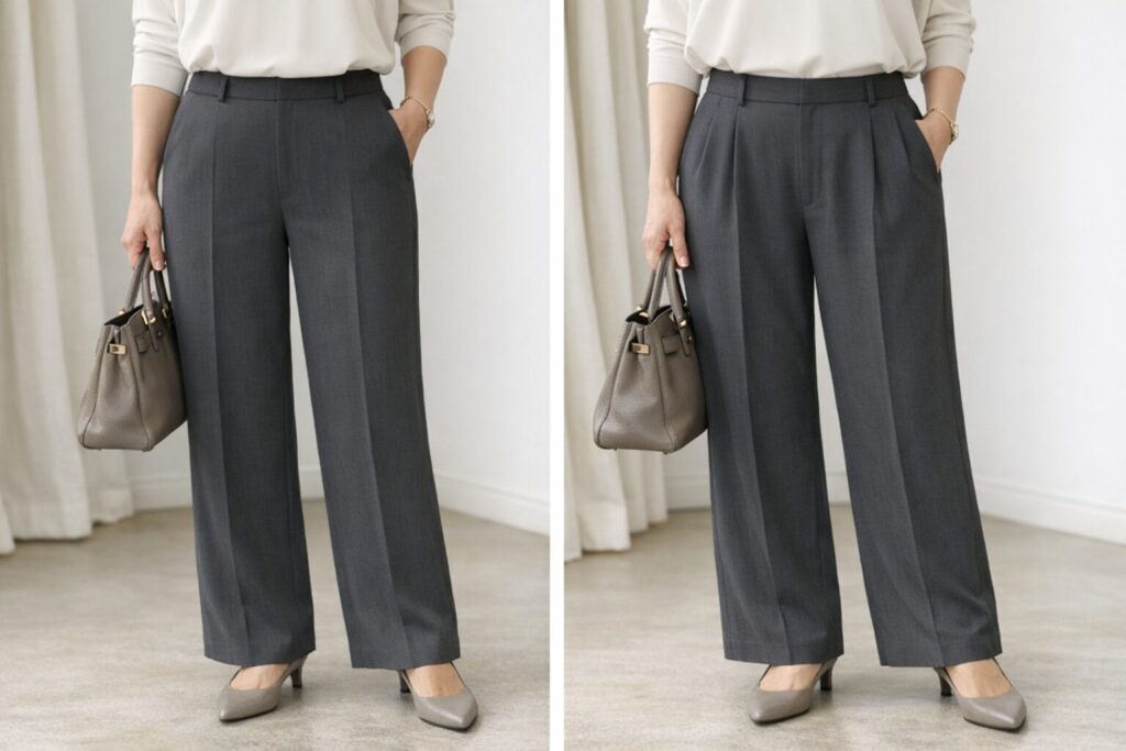 前面のフラットさと、腰まわりのゆとり感の違いが見えると、文章だけより選びやすくなります。