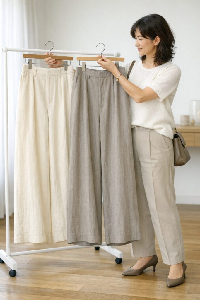 黄みや厚みの差で、同じリネンでも見え方が変わることが分かる挿絵です。夏らしさだけでなく、軽さと上品さの両立を視覚で伝えられます。